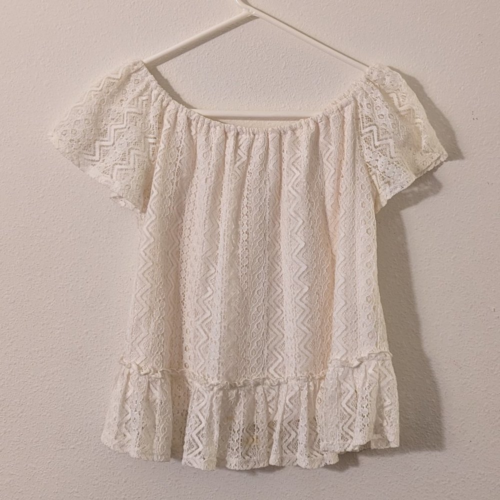 Belle Du Jour Off the shoulder Cream White Blouse, Elastic Top, Lace, Small
